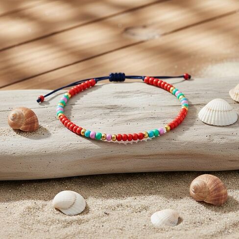 Anklets for Women, Handmade Black Beaded Adjustable Gemstone Anklet, Colorful Small Beads Hippie Foot Jewelry, Ankle Bracelet, Boho Style Waterproof Gift Set with Box & Ribbon in Kuwait