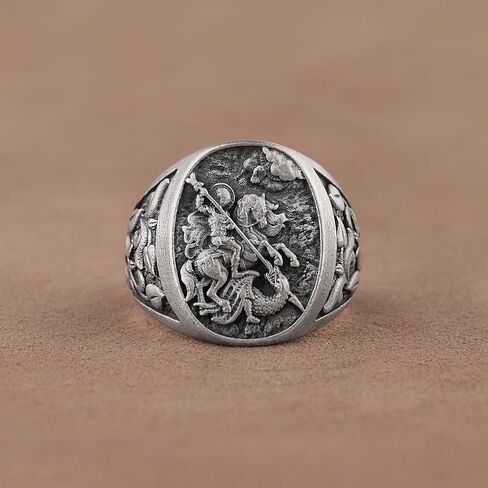 Saint George و The Dragon Signet Ring ، حلقة دينية بيضاوية ، 925 خاتم الرجال الفضي الاسترليني ، المجوهرات المسيحية المصنوعة يدويًا in Kuwait