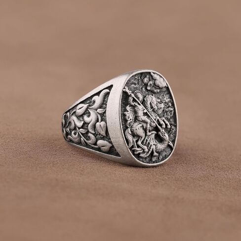 Saint George و The Dragon Signet Ring ، حلقة دينية بيضاوية ، 925 خاتم الرجال الفضي الاسترليني ، المجوهرات المسيحية المصنوعة يدويًا in Kuwait