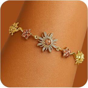 Gold Silver Sun Flower Link Bracelet for Women, Dainty Sparkly Colorful Crystal Rhinestone Floral Star Adjustable Box Chain Bracelets Prom Wedding Accessories Fashion Jewelry Gift in Kuwait