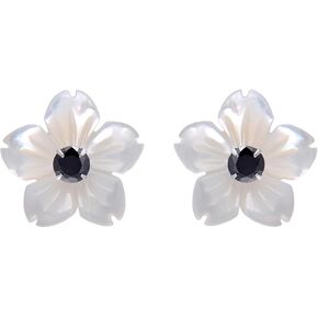 Carved Mother of Pearl Shell Flower Sterling Silver Studs Earrings for Women, Black CZ in Saudi Arabia