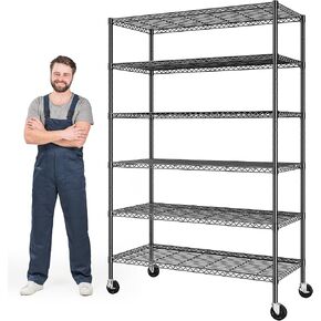 82" H X45 W X18 D Storage Shelves with Wheels, 6 Tier Wire Shelving Adjustable Metal Shelving Pantry Shelves Capacity 1200LBS for Garage Shelving, Pantry, Kitchen, Closet, Commercial, Black in Kuwait