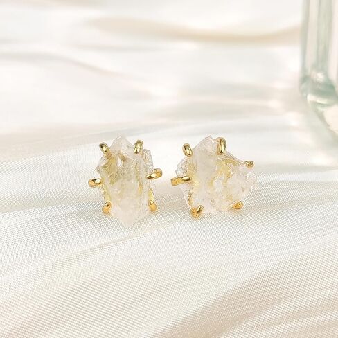 Crystal Earrings, Natural Raw Clear Quartz Prong Setting Stud Earrings, 14k Gold Plated Irregular Healing Crystal Jewelry for Women (White Quartz) in Saudi Arabia