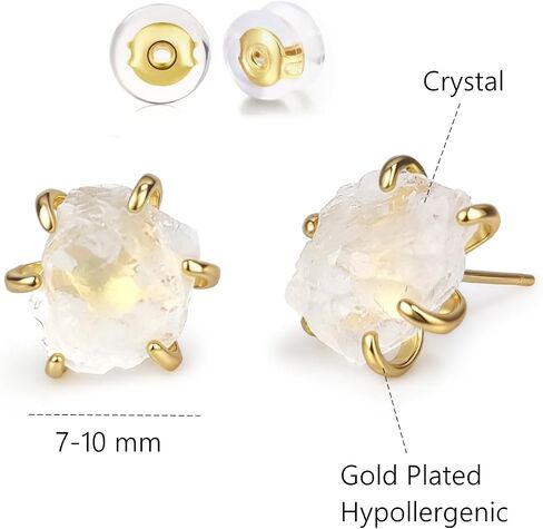 Crystal Earrings, Natural Raw Clear Quartz Prong Setting Stud Earrings, 14k Gold Plated Irregular Healing Crystal Jewelry for Women (White Quartz) in Saudi Arabia
