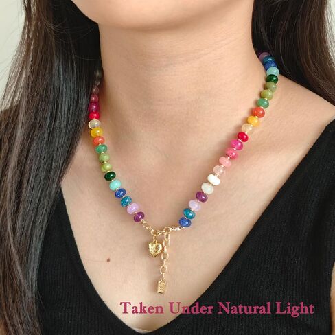 Boho Gemstone Beaded Necklace for Women – Colorful Natural Stone Choker 18K Solid Heart-Shaped Pendant, Summer Beach Jewelry (5x8mm, Yooperlite Stone) in Kuwait