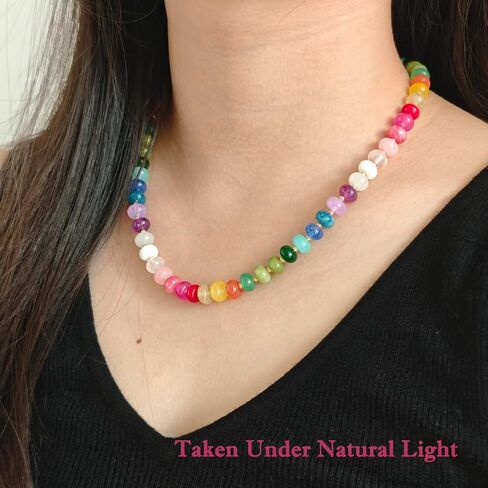 Boho Gemstone Beaded Necklace for Women – Colorful Natural Stone Choker 18K Solid Heart-Shaped Pendant, Summer Beach Jewelry (5x8mm, Yooperlite Stone) in Kuwait