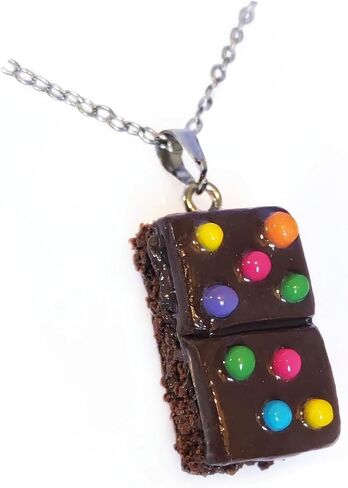 Chocolate Brownie Pendant Necklace with Candy Dots, Silver Chain, Novelty Food Jewelry in Saudi Arabia