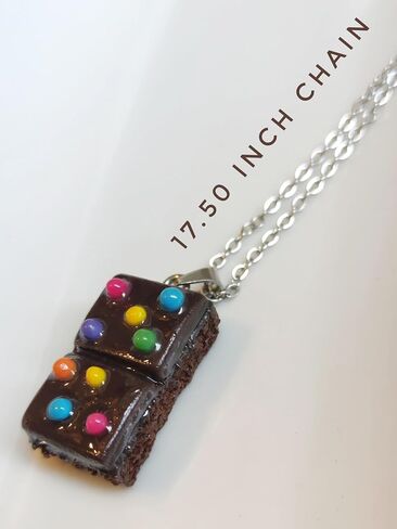 Chocolate Brownie Pendant Necklace with Candy Dots, Silver Chain, Novelty Food Jewelry in Saudi Arabia