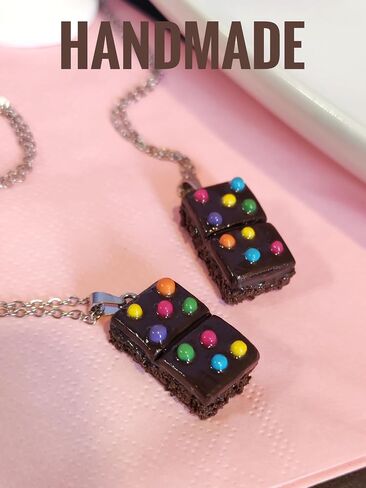 Chocolate Brownie Pendant Necklace with Candy Dots, Silver Chain, Novelty Food Jewelry in Saudi Arabia