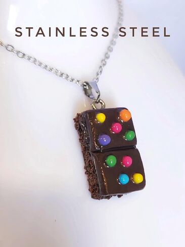 Chocolate Brownie Pendant Necklace with Candy Dots, Silver Chain, Novelty Food Jewelry in Saudi Arabia