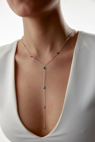 قلادة الولادة الأحجار الكريمة الملونة للنساء - قلادة y أنيقة مع سحر دمعة. قلادة Desginer المطلية بالذهب - هدية لها (ذهبية) in Kuwait