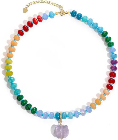 Beaded Gemstone Necklace with Cat Pandent, Colorful Boho Bead Choker Necklaces for Women Natural Stone Necklaces 14K Gold Plated Summer Beach Handmade Jewelry (1-Enthusiastic) in Saudi Arabia