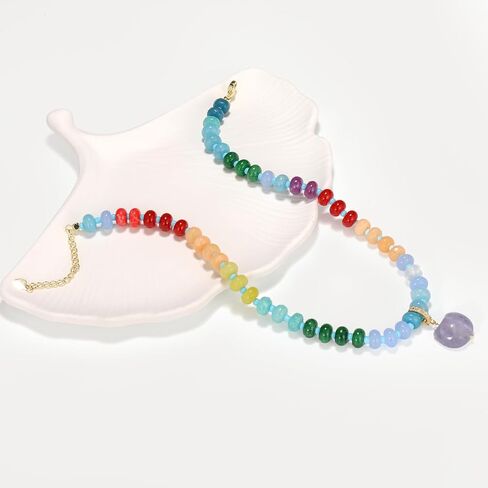 Beaded Gemstone Necklace with Cat Pandent, Colorful Boho Bead Choker Necklaces for Women Natural Stone Necklaces 14K Gold Plated Summer Beach Handmade Jewelry (1-Enthusiastic) in Saudi Arabia