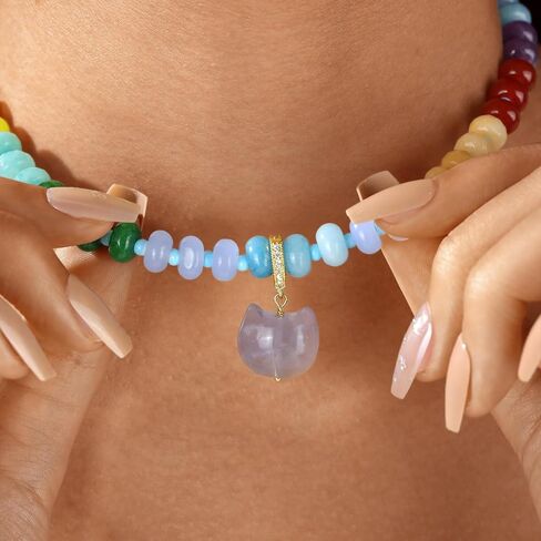 Beaded Gemstone Necklace with Cat Pandent, Colorful Boho Bead Choker Necklaces for Women Natural Stone Necklaces 14K Gold Plated Summer Beach Handmade Jewelry (1-Enthusiastic) in Saudi Arabia