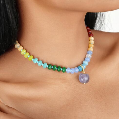 Beaded Gemstone Necklace with Cat Pandent, Colorful Boho Bead Choker Necklaces for Women Natural Stone Necklaces 14K Gold Plated Summer Beach Handmade Jewelry (1-Enthusiastic) in Saudi Arabia