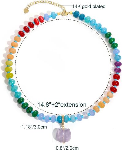 Beaded Gemstone Necklace with Cat Pandent, Colorful Boho Bead Choker Necklaces for Women Natural Stone Necklaces 14K Gold Plated Summer Beach Handmade Jewelry (1-Enthusiastic) in Saudi Arabia