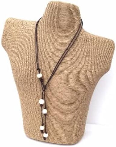 Brown Leather White Pearl lariat necklace, 3rd anniversary gift of leather in Saudi Arabia