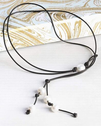 Brown Leather White Pearl lariat necklace, 3rd anniversary gift of leather in Saudi Arabia