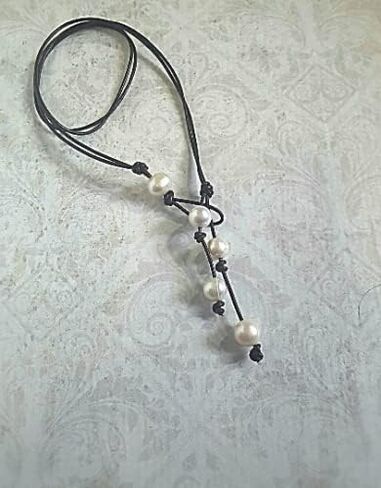 Brown Leather White Pearl lariat necklace, 3rd anniversary gift of leather in Saudi Arabia
