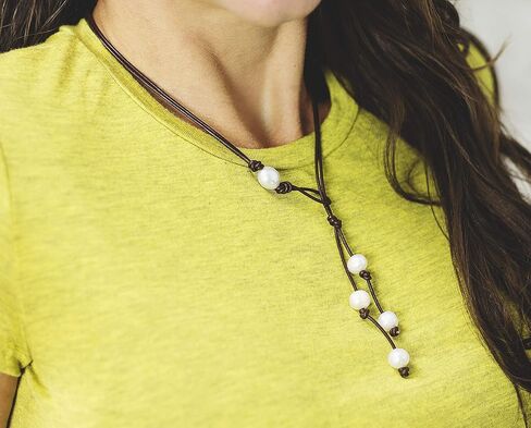 Brown Leather White Pearl lariat necklace, 3rd anniversary gift of leather in Saudi Arabia