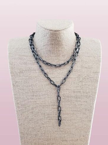Gunmetal Paperclip Chain Necklace Lariat Double Layered Thick Black in Saudi Arabia