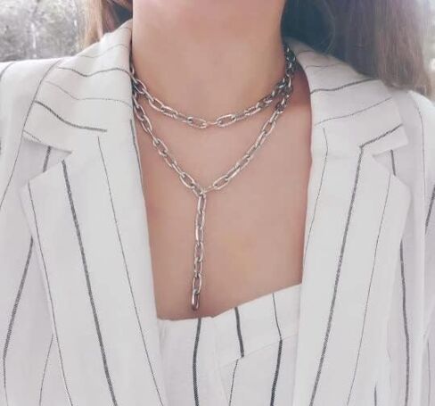 Gunmetal Paperclip Chain Necklace Lariat Double Layered Thick Black in Saudi Arabia