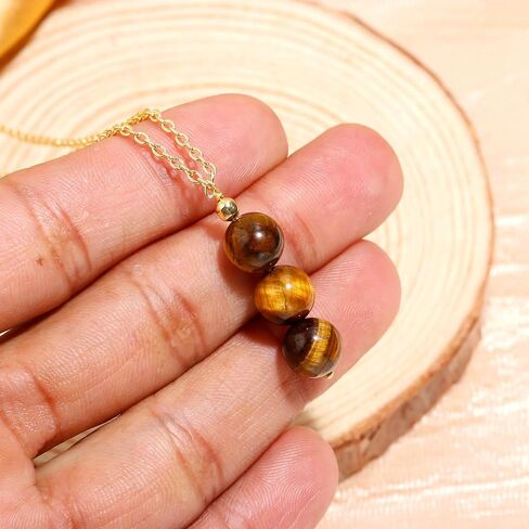 POSHPENDANT Handmade Natural Tiger Eye Beaded Pendant Necklace – 14K Gold Plated Chain – Minimalist Healing Jewelry for Women – Thoughtful Gift for Her in Kuwait