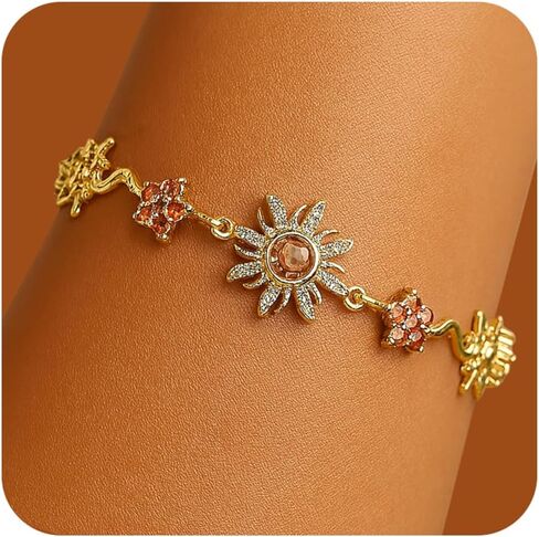 Gold Silver Sun Flower Link Bracelet for Women, Dainty Sparkly Colorful Crystal Rhinestone Floral Star Adjustable Box Chain Bracelets Prom Wedding Accessories Fashion Jewelry Gift in Kuwait