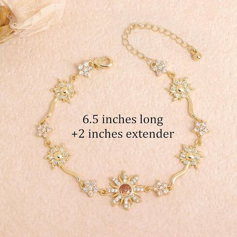 Gold Silver Sun Flower Link Bracelet for Women, Dainty Sparkly Colorful Crystal Rhinestone Floral Star Adjustable Box Chain Bracelets Prom Wedding Accessories Fashion Jewelry Gift in Kuwait