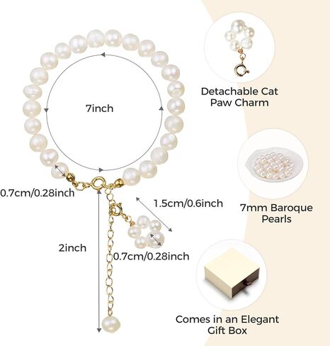 Cat Paw Pearl Bracelet للنساء-7 ملم لؤلؤات المياه العذبة المزروعة بالباروك ، وسلسلة نحاسية مطلية بالذهب 14K ، وهدية لطيفة لمحبي القط ، ومجوهرات لؤلؤة عصرية مع صندوق هدايا in Kuwait