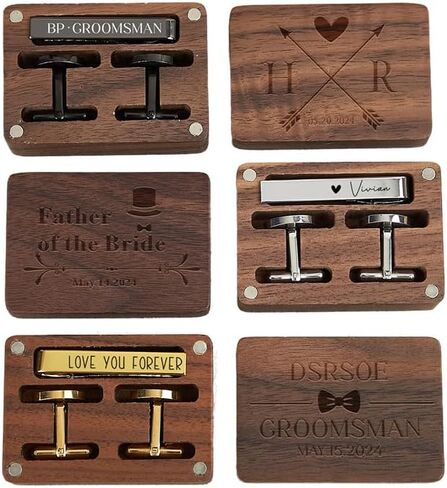 مجموعة هدايا JeClist Personalized Groomsmen - أزرار أكمام محفورة ومقطع ربطة عنق في صندوق خشبي مخصص - مثالي لحفلات الزفاف ، أفضل رجل ، والد هدايا العروس (أسود) in Saudi Arabia