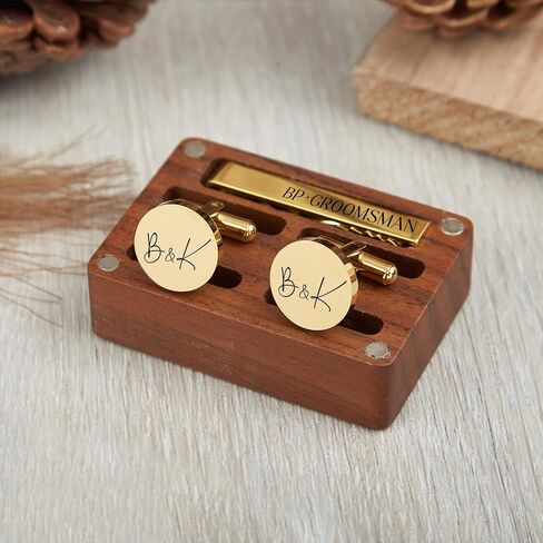 مجموعة هدايا JeClist Personalized Groomsmen - أزرار أكمام محفورة ومقطع ربطة عنق في صندوق خشبي مخصص - مثالي لحفلات الزفاف ، أفضل رجل ، والد هدايا العروس (أسود) in Saudi Arabia