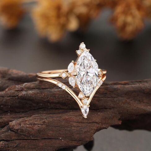 2 CT Marquise Cut Diamond Wedding Curve Curve Band Art Deco Vintage Style مطابقة خواتم الخطبة الزفاف المحددة للنساء 14K Rose Gold مطلي 925 Sterling Silver Menivary Ring in Saudi Arabia