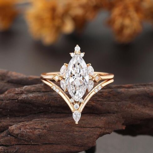 2 CT Marquise Cut Diamond Wedding Curve Curve Band Art Deco Vintage Style مطابقة خواتم الخطبة الزفاف المحددة للنساء 14K Rose Gold مطلي 925 Sterling Silver Menivary Ring in Saudi Arabia