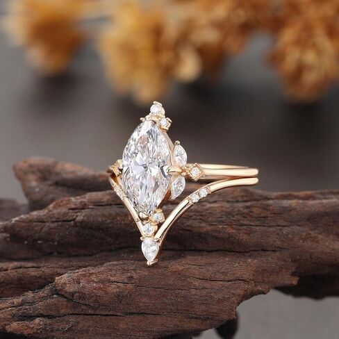 2 CT Marquise Cut Diamond Wedding Curve Curve Band Art Deco Vintage Style مطابقة خواتم الخطبة الزفاف المحددة للنساء 14K Rose Gold مطلي 925 Sterling Silver Menivary Ring in Saudi Arabia