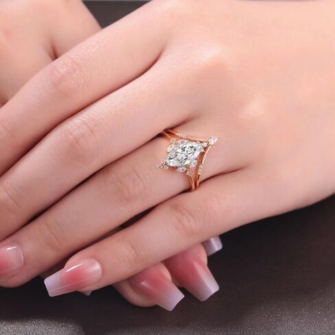 2 CT Marquise Cut Diamond Wedding Curve Curve Band Art Deco Vintage Style مطابقة خواتم الخطبة الزفاف المحددة للنساء 14K Rose Gold مطلي 925 Sterling Silver Menivary Ring in Saudi Arabia