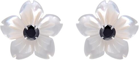 Carved Mother of Pearl Shell Flower Sterling Silver Studs Earrings for Women, Black CZ in Saudi Arabia