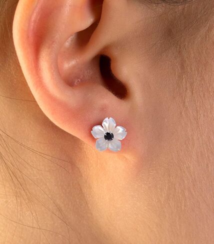 Carved Mother of Pearl Shell Flower Sterling Silver Studs Earrings for Women, Black CZ in Saudi Arabia