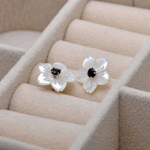 Carved Mother of Pearl Shell Flower Sterling Silver Studs Earrings for Women, Black CZ in Saudi Arabia