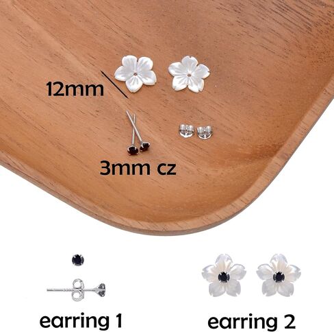 Carved Mother of Pearl Shell Flower Sterling Silver Studs Earrings for Women, Black CZ in Saudi Arabia