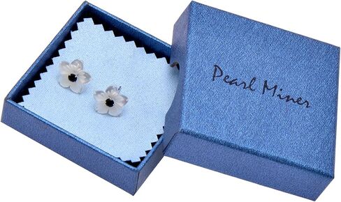 Carved Mother of Pearl Shell Flower Sterling Silver Studs Earrings for Women, Black CZ in Saudi Arabia