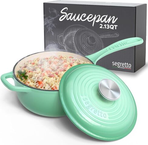 مقلاة صلصة صغيرة مع غطاء ، 2.13 QT verde chiaro (خضراء خضراء) وعاء صلصة صغيرة ، وعاء صغير مع مقبض مساعد بارد وأجهزة طبخ segretto ضيقة. in Saudi Arabia
