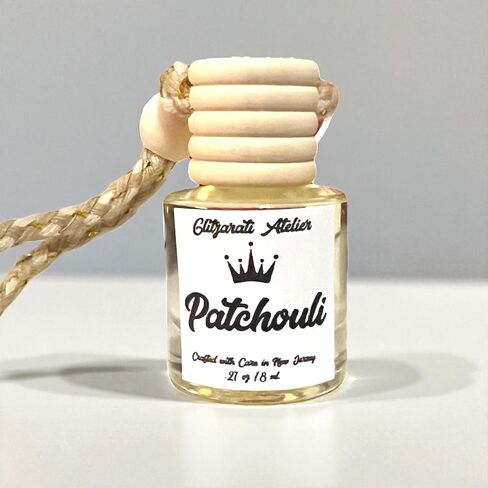 Patchouli Hanging Car Diffuser – 8ml Glass Freshener | Earthy Oud, Amber & Spice Scent with Essential Oils | Handmade by Glitzarati Atelier in Saudi Arabia