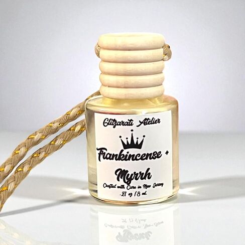 Frankincense & Myrrh Hanging Car Diffuser – 8ml Glass | Resinous Oud, Incense & Earthy Essential Oils | Handmade by Glitzarati Atelier in Saudi Arabia