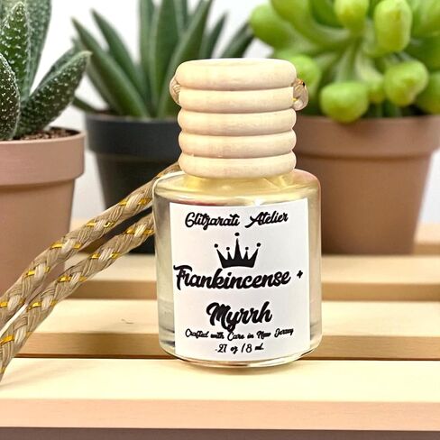 Frankincense & Myrrh Hanging Car Diffuser – 8ml Glass | Resinous Oud, Incense & Earthy Essential Oils | Handmade by Glitzarati Atelier in Saudi Arabia