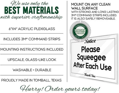 Essentials for Hosts Bathroom Signs - 4"x6" Acrylic Sign w/Mounting Tape - Please Squeegee After Each Use Bathroom Sign Rental Home Necessities - Bathroom Door Signs in Saudi Arabia