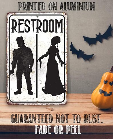 Frankenstein Restroom - Vintage Toilet and Restroom Sign, Rustic Bathroom Decorations, Washroom Accessories for Home and Halloween Stuff, 8x12 Use Indoors or Outdoors Durable Metal Sign in Saudi Arabia