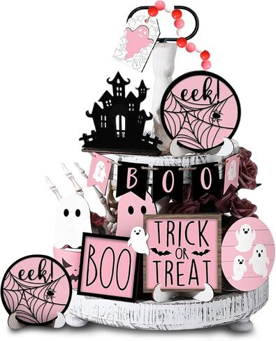 Halloween Tiered Tray Decor Set - 15PCS Pink Halloween Decor, Halloween Wooden Ghost Signs Rustic Farmhouse Tiered Tray Decorations for Indoor Home Table Party Supplies in Saudi Arabia