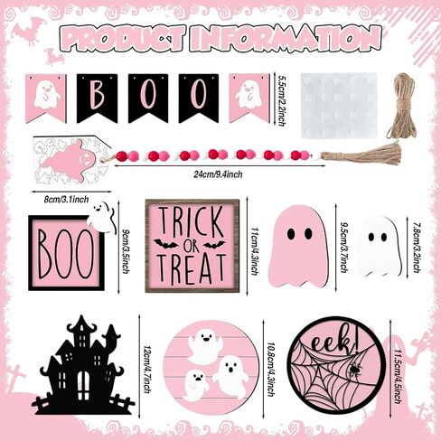 Halloween Tiered Tray Decor Set - 15PCS Pink Halloween Decor, Halloween Wooden Ghost Signs Rustic Farmhouse Tiered Tray Decorations for Indoor Home Table Party Supplies in Saudi Arabia