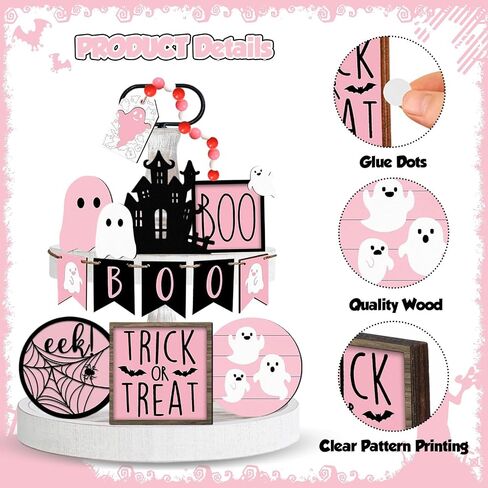 Halloween Tiered Tray Decor Set - 15PCS Pink Halloween Decor, Halloween Wooden Ghost Signs Rustic Farmhouse Tiered Tray Decorations for Indoor Home Table Party Supplies in Saudi Arabia
